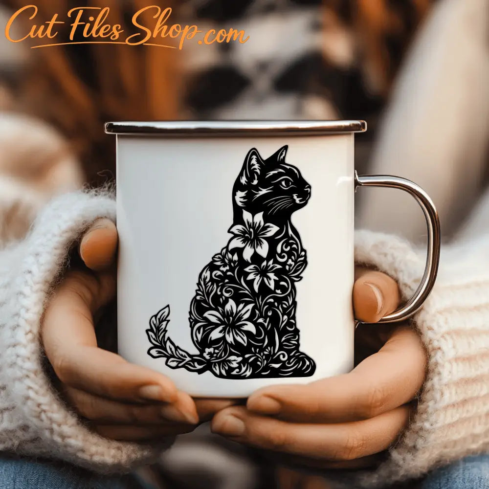 Floral Cat Silhouette SVG – DXF for Laser, Vinyl & Metal Art
