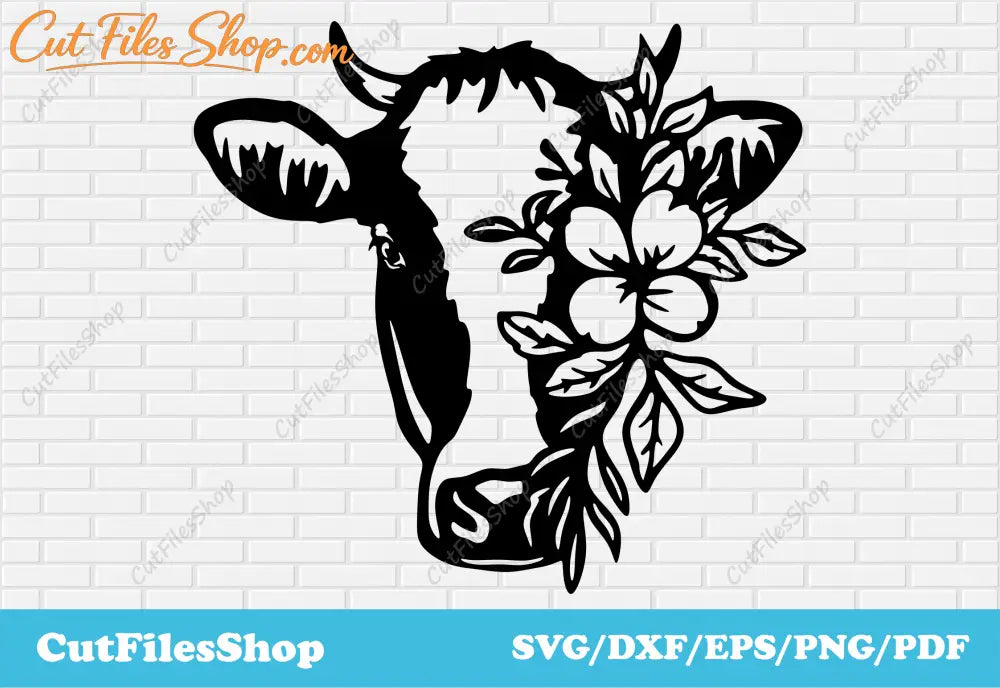 Floral cow dxf for laser cut, cow with flowers svg file for cricut, t-shirt vector designs, beautiful svg files, cow svg for laser engraver, dxf engraving files, farm cow svg, wall designs svg, stickers vector, free svg cutting files