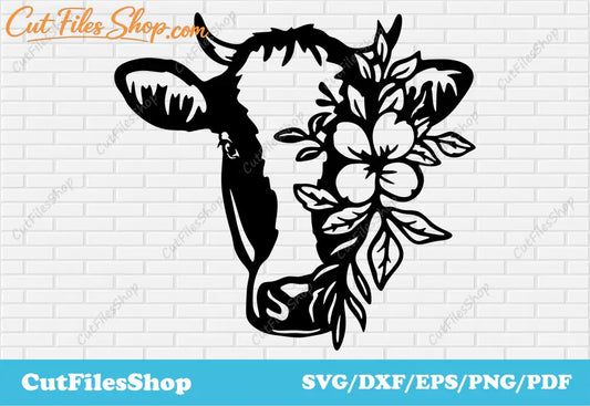 Floral cow dxf for laser cut, cow with flowers svg file for cricut, t-shirt vector designs, beautiful svg files, cow svg for laser engraver, dxf engraving files, farm cow svg, wall designs svg, stickers vector, free svg cutting files