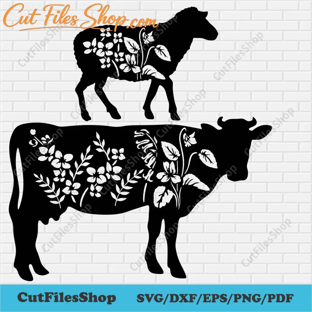 Floral Farm Animals svg for Cricut, Farm animals Dxf for laser cut, Cow svg, Sheep svg, Animals stencil dxf for Cnc Plasma, Farm life svg, cow cut file, sheep dxf for laser, farm dxf, silhouette farm animals
