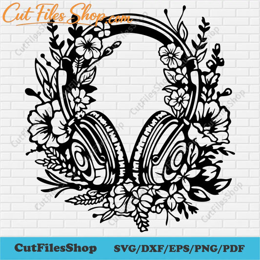 Floral Headphones Svg, Headphones DXF for Laser, Headphones Clipart, Headphones svg cut file, flowers svg, Sublimation clip art, free dxf files, arts craft, vector store, paper cut svg, where to download svg files, svg art, free dxf for cnc