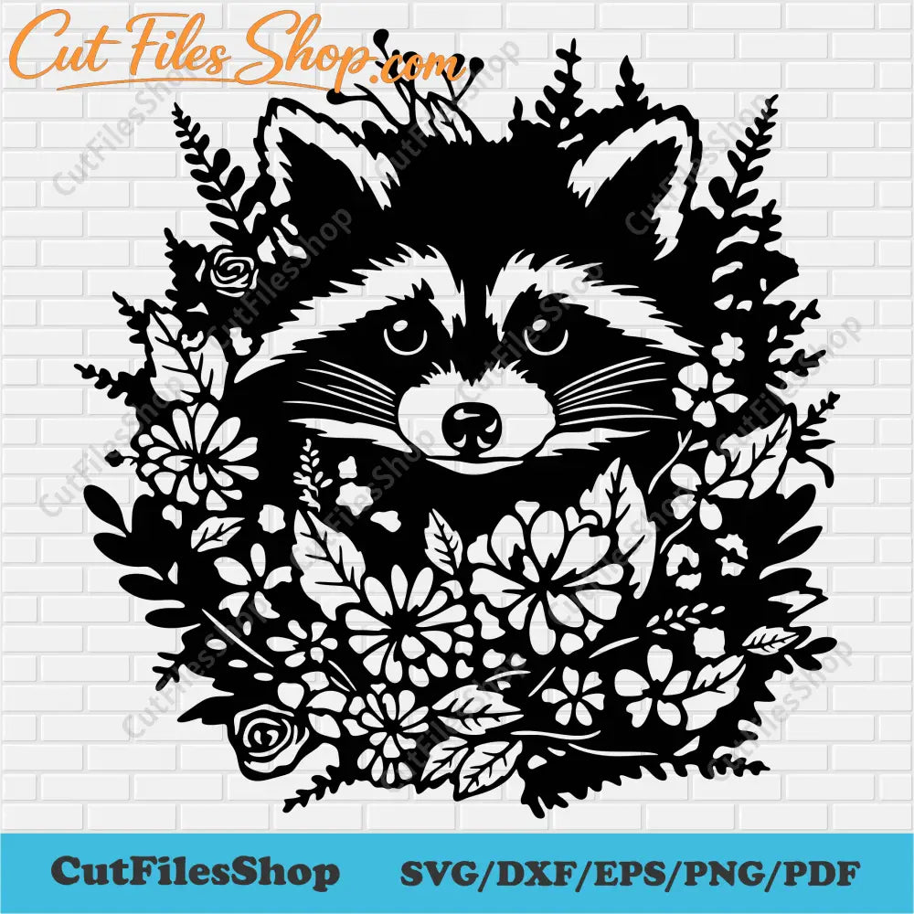 Floral Raccoon svg, Raccon with Flowers svg, Dxf animals for Laser cut, Raccoon Cut files For Cricut, Flowers Animal Svg, Animals face Svg file, Cute head animal Svg, Animals cut file, flowers svg free, sublimation flowers svg, Raccoon with flowers in boho style SVG, Cute raccoon in a flower wreath
