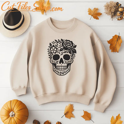 Detailed skull with floral elements SVG DXF PNG PDF EPS