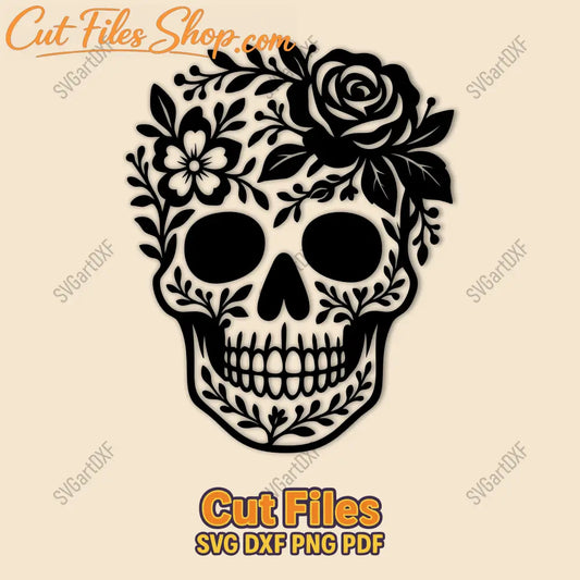 Floral skull SVG DXF design with roses for CNC and laser cutting