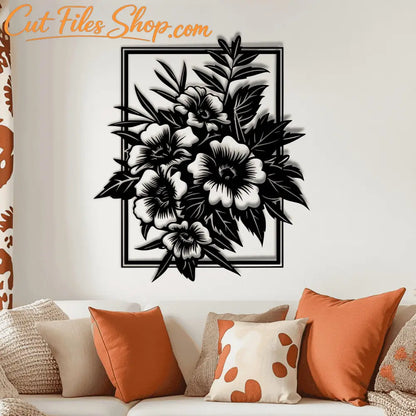 Three floral frame SVG and DXF designs for laser cutting, CNC routing, and plasma cutting, displayed as black wall art.