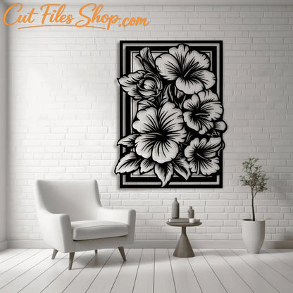 Three black floral wall art frame designs with flowers and leaves, shown as a digital SVG DXF PNG PDF bundle.