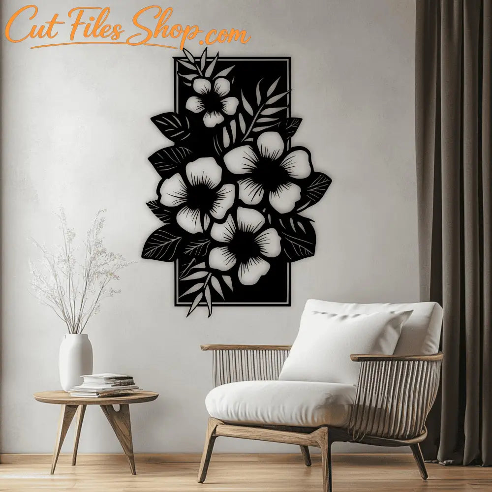 Flower and leaf wall art SVG DXF cut file with a rectangular frame for laser, CNC, and plasma cutting.