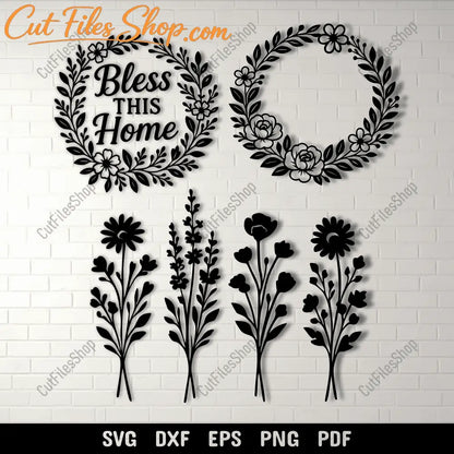 Floral wreath SVG with Bless This Home quote