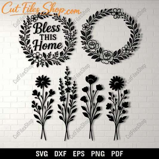 Floral wreath SVG with Bless This Home quote