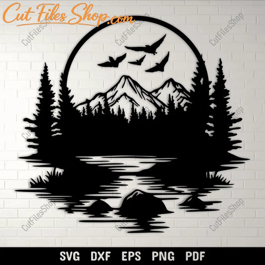 Wildlife Scene SVG with Flying Ducks, Vinyl Cutting Files, CNC Laser DXF, DIY Wall Art
