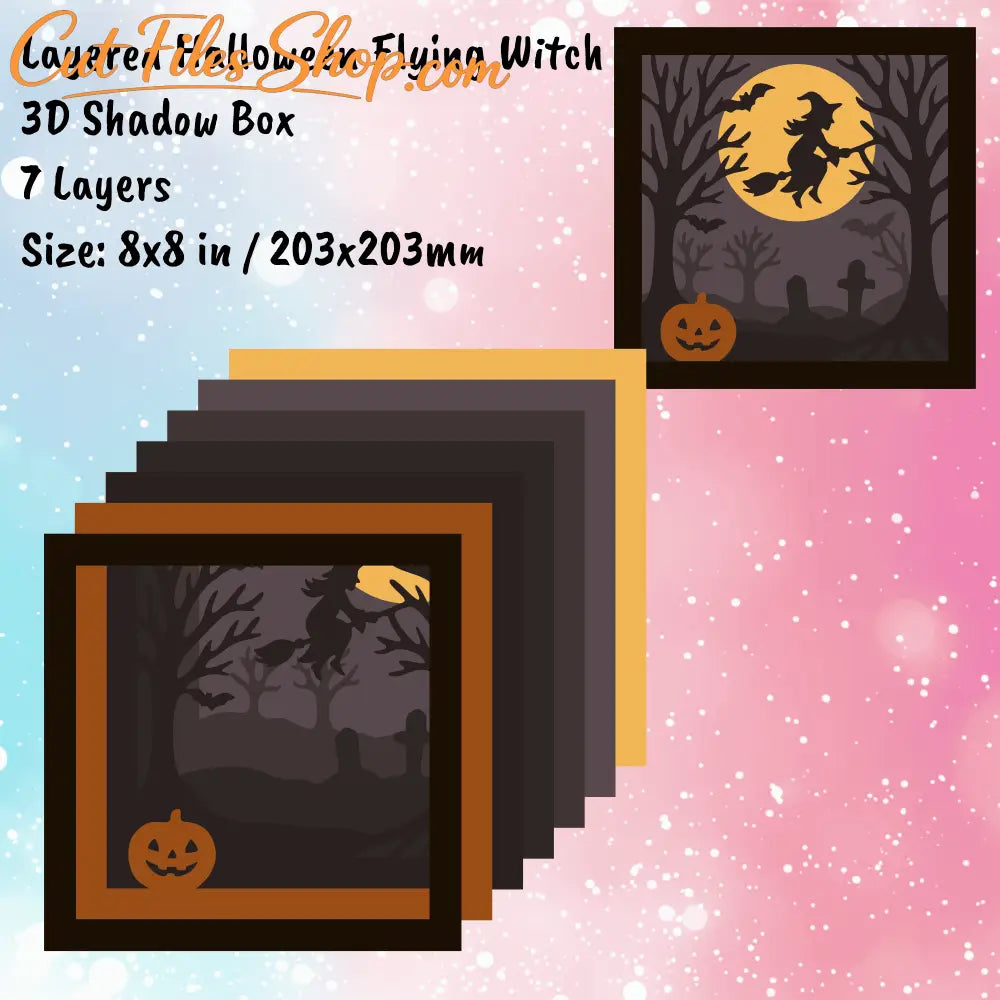 Witch on broomstick 3D shadow box for laser and CNC cutting