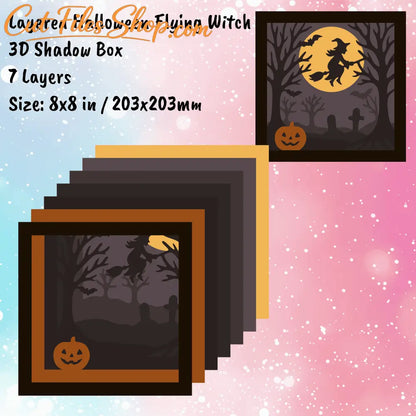 Witch on broomstick 3D shadow box for laser and CNC cutting
