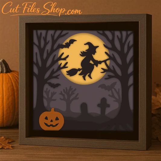 Flying witch Halloween 3D shadow box SVG DXF EPS PDF layered design
