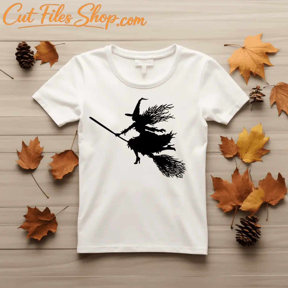 Witch on Broom Sublimation T-shirt Design, Flying Witch SVG Cut File, Halloween Instant Download