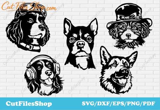 Funny dogs SVGs for cricut, dogs dxf for laser cut, png dogs for sublimation, pdf for printing, dxf for wood decor, dogs art for t-shirt, cute dogs vector, dog in glasses svg, dog in hat svg, dog in headphones svg, cut files, dogs for plasma cut, cutting files, dxf for metal decor, paper cutting stencils, free dogs svg, instant download svg files