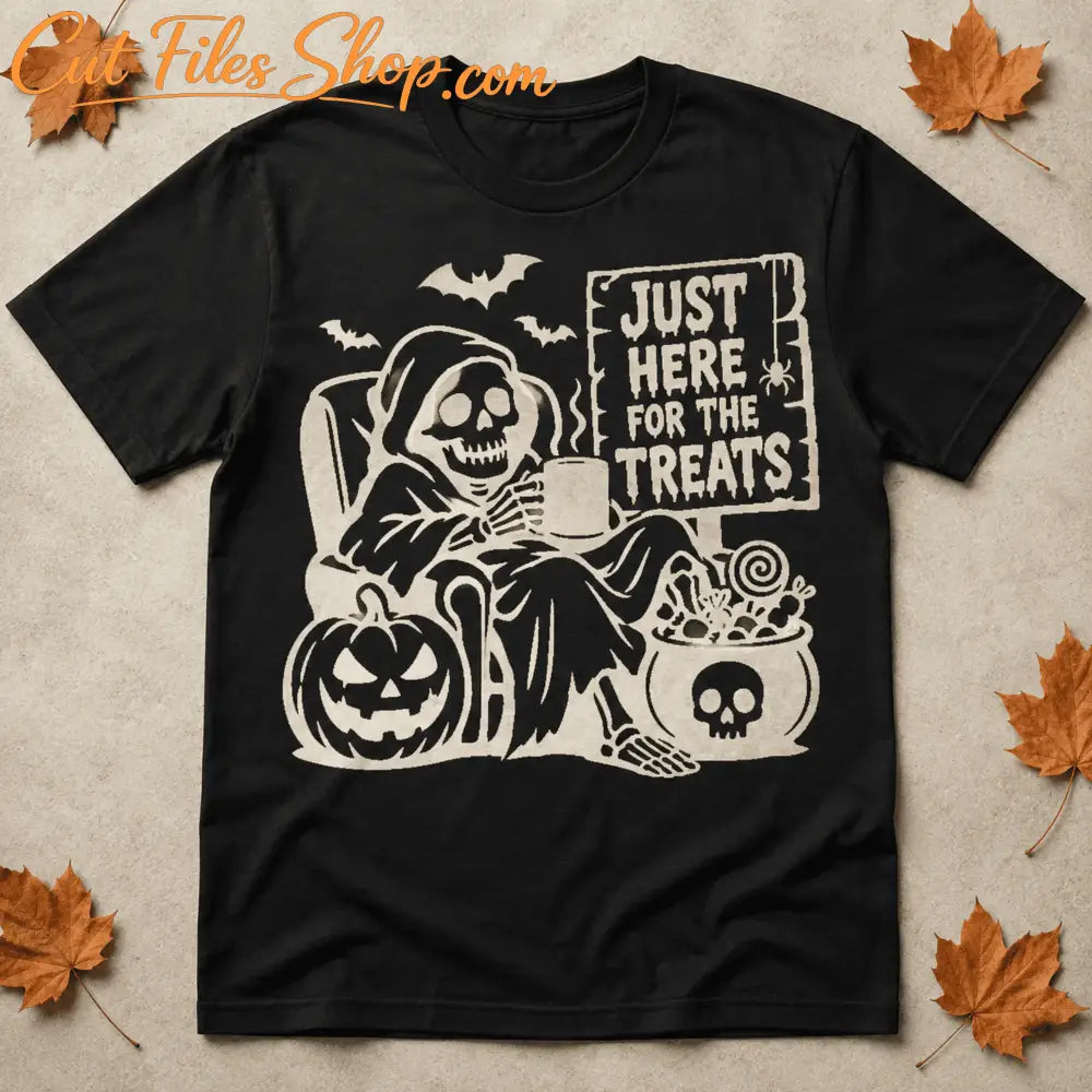 Just Here for the Treats design printed on a black Halloween shirt