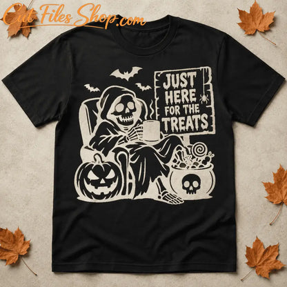 Just Here for the Treats design printed on a black Halloween shirt