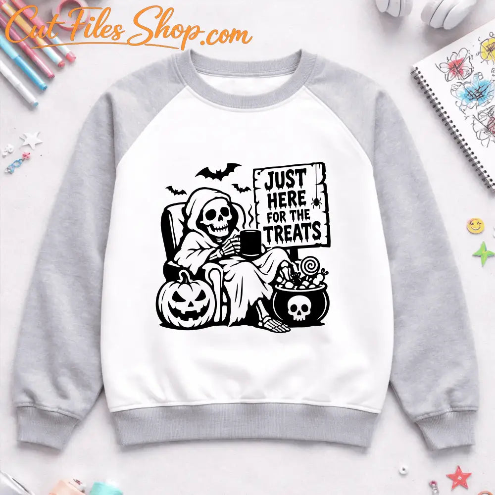 Halloween skeleton cut file with pumpkin, bats and candy cauldron