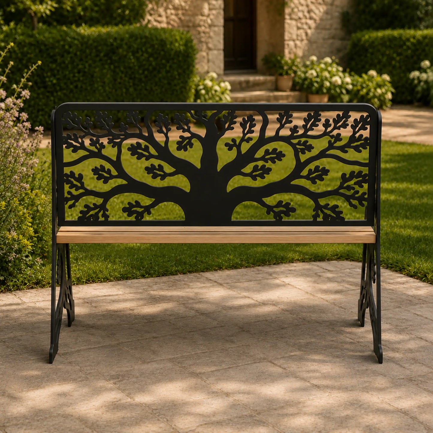 Side view of a decorative steel garden bench with tree-pattern panels.