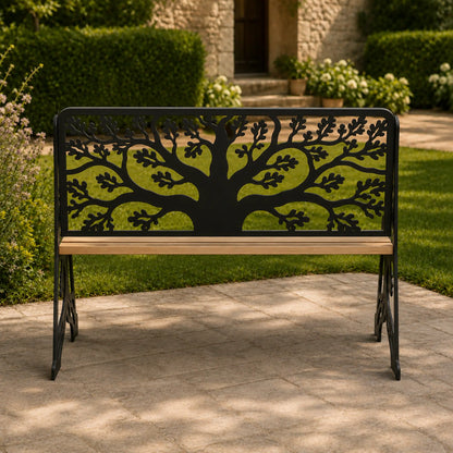 Side view of a decorative steel garden bench with tree-pattern panels.
