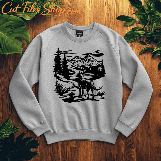 German Shepherd Mountain Scene DXF, CNC & Laser Cut Files, SVG for Cricut, DTF print for Sweatshirt