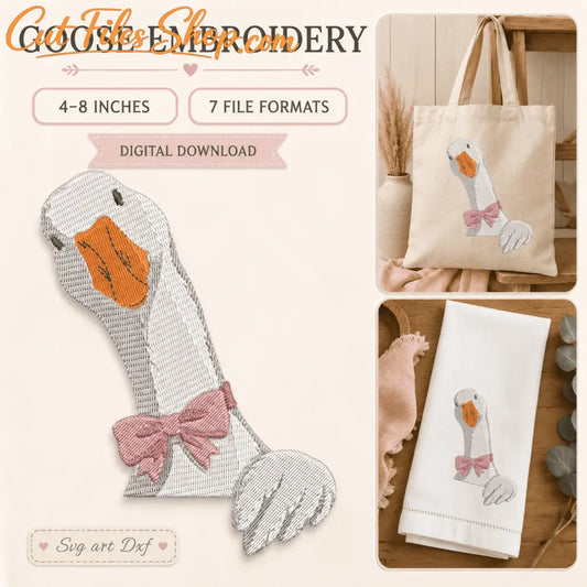 Goose with pink bow machine embroidery design available in sizes from 4 to 8 inches.