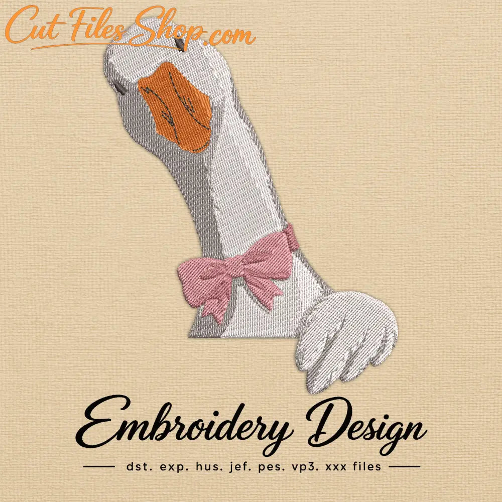 White goose embroidery design with an orange beak, grey stitching and detailed pink bow.