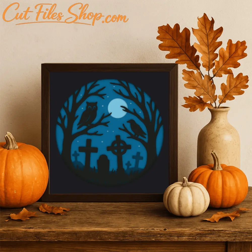 Graveyard scene 3D shadow box, Halloween Layered Svg files