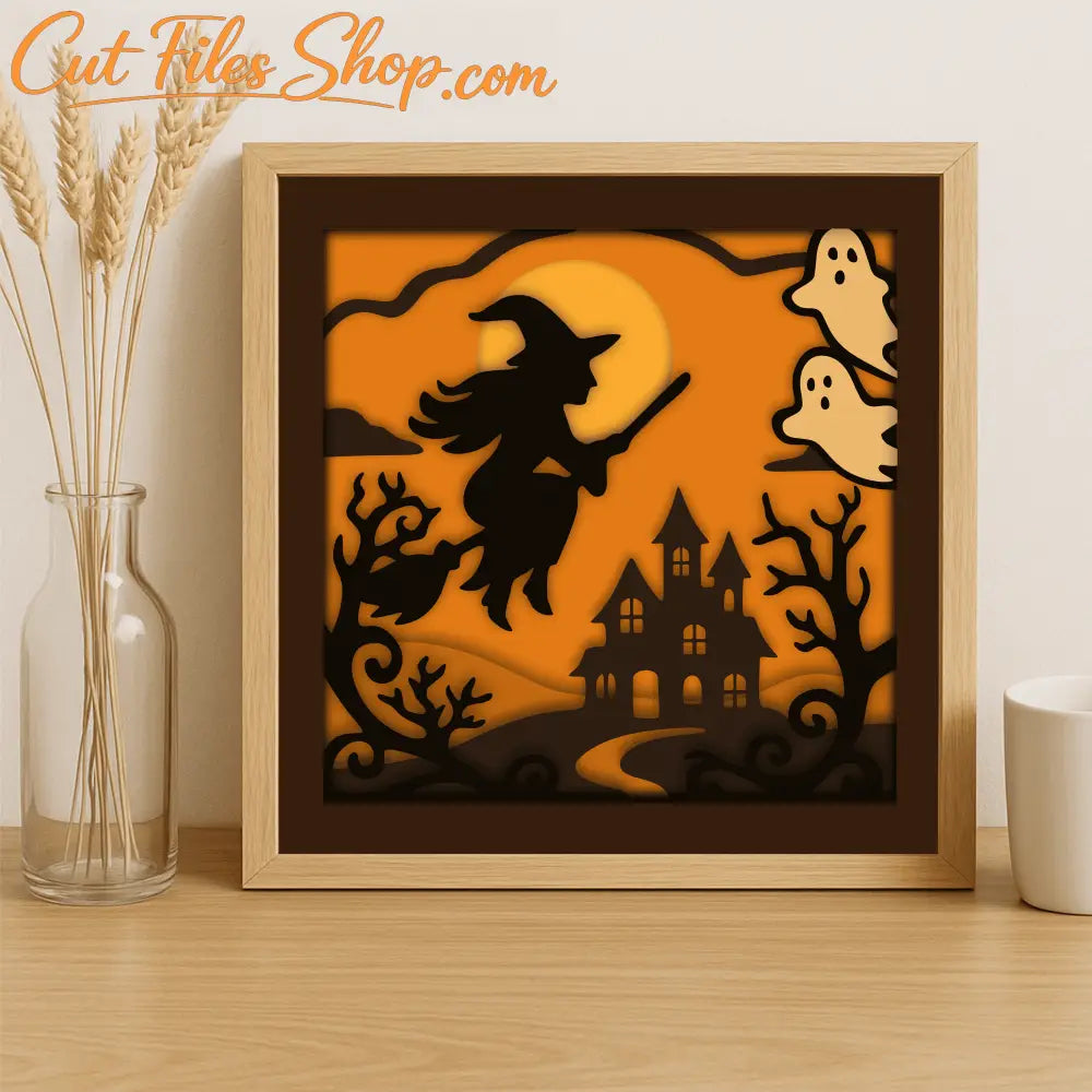 Flying witch and ghosts Halloween paper cutting multilayer design