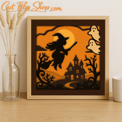 Flying witch and ghosts Halloween paper cutting multilayer design