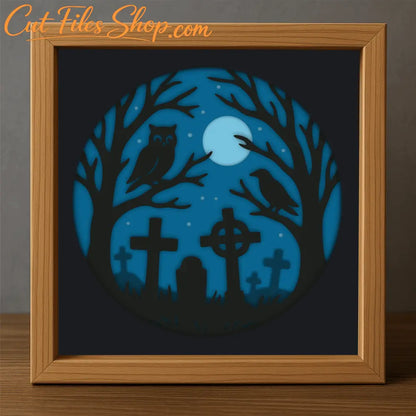 Graveyard scene 3D shadow box with owl and full moon cutting files, Layered Svg Dxf Eps Pdf