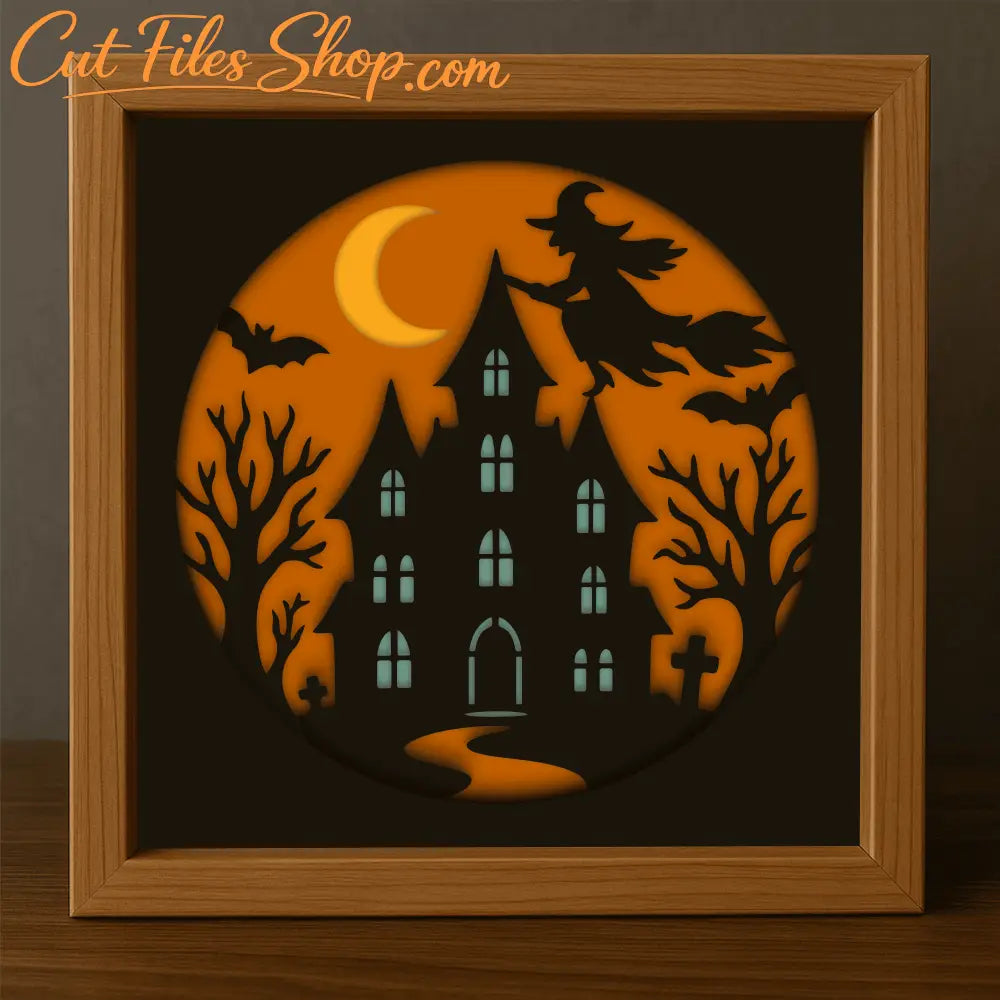 Haunted house and witch multilayer shadow box design for Cricut, Layered Svg dxf eps files