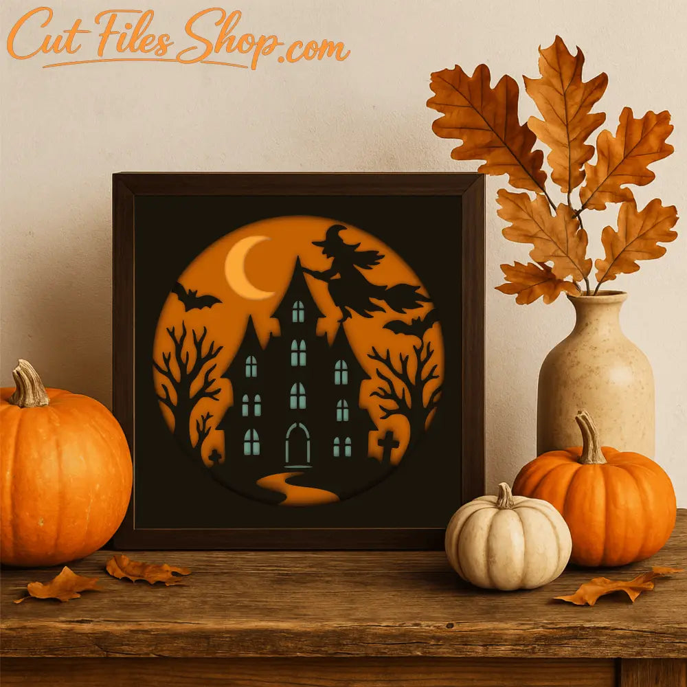 Haunted house and witch multilayer shadow box design for Cricut and Glowforge