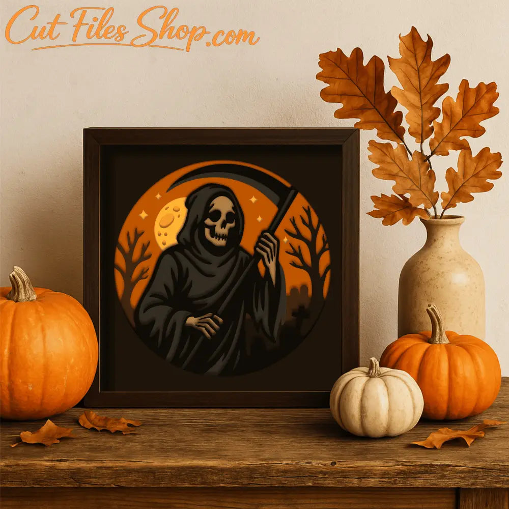 Spooky layered Halloween cutting file with skull and scythe