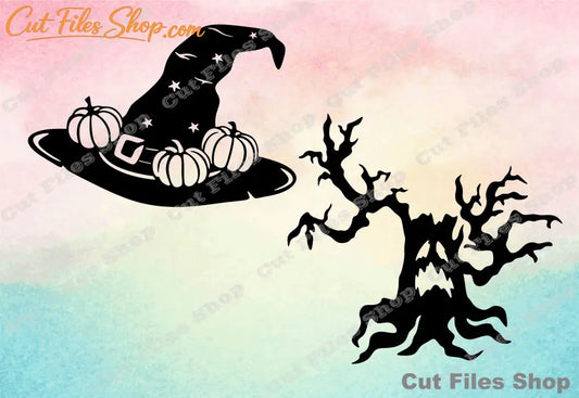 Halloween clipart, evil tree svg, witch hat svg, laser design, dxf files for cnc, glowforge svg files, cnc art