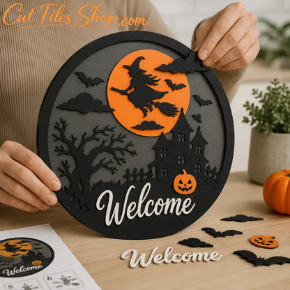 Halloween door hanger SVG DXF layered witch Welcome sign with haunted house, bats, pumpkin and orange moon for laser cutting