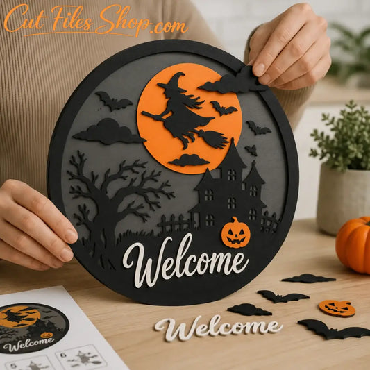 Halloween door hanger SVG DXF layered witch Welcome sign with haunted house, bats, pumpkin and orange moon for laser cutting