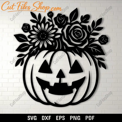 Halloween floral pumpkin SVG cutting file with flowers and leaves