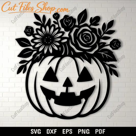 Halloween floral pumpkin SVG cutting file with flowers and leaves