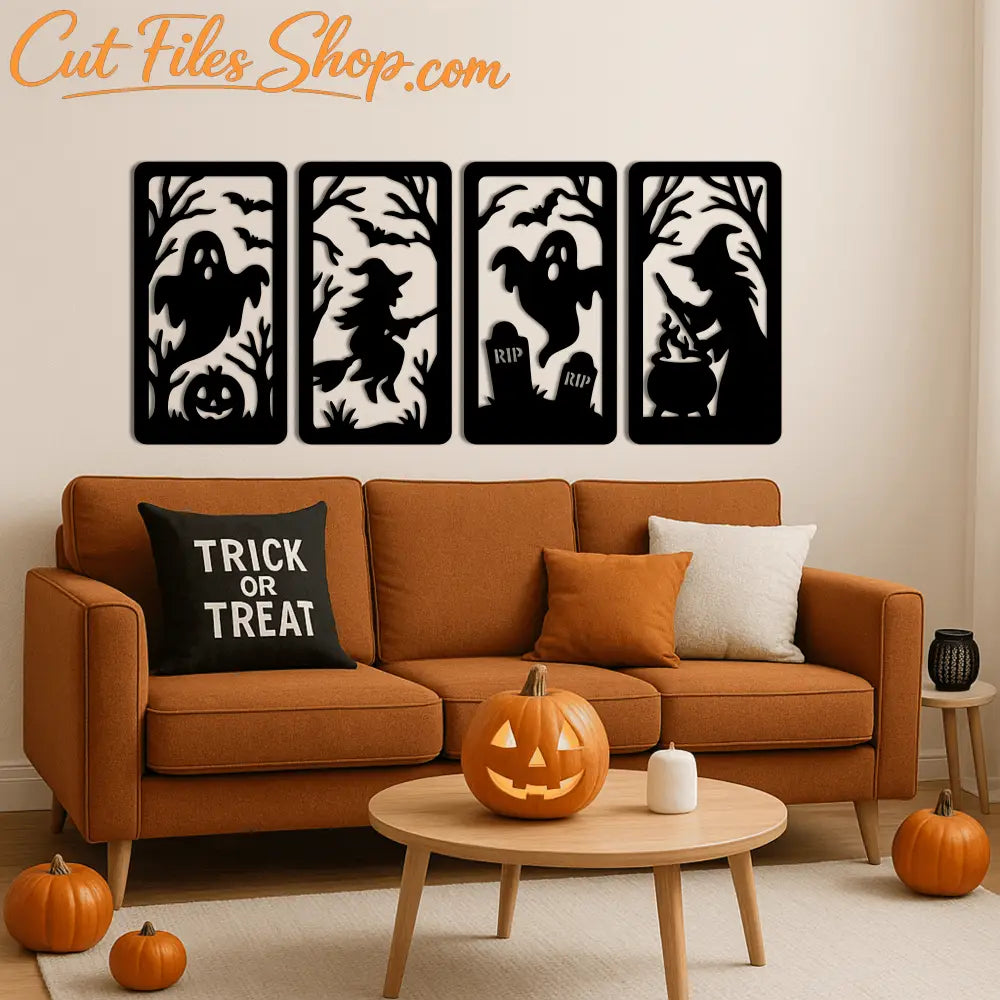 Halloween CNC wall art with witch and bats