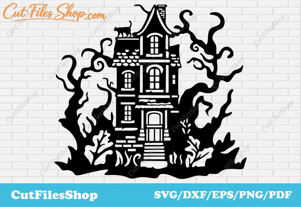 Halloween Haunted house cutting files, Silhouette Halloween, Dxf for Halloween decor, Halloween design, haunted castle svg, dxf for metal, halloween decor, sublimation design, vinyl decal svg, halloween cat svg, halloween tree, png for web design