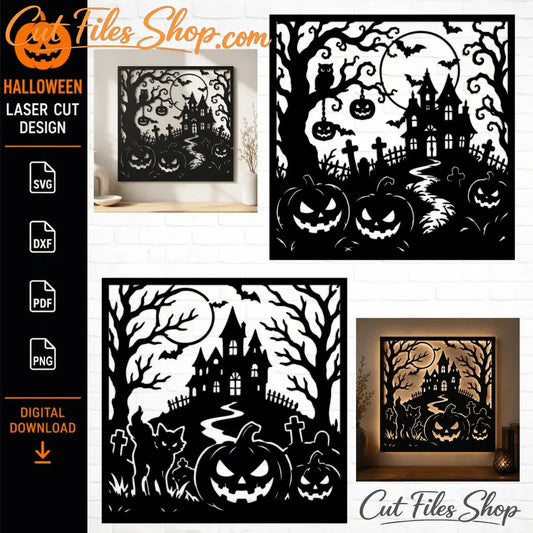 Halloween Haunted House Wall Art SVG DXF | Laser Cut Files for CNC Plasma Glowforge & Cricut | Spooky Metal Wall Decor