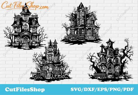 Halloween Haunted houses SVG, Dxf Halloween for laser cut, Png Halloween for sublimation, High quality cut files, spooky halloween, Halloween decorations svg, halloween cliparts, downloading dxf files, free downloading svg files, halloween for scrapbooking,  embroidery svg design, dxf for cnc router, halloween stencils, halloween for cricut