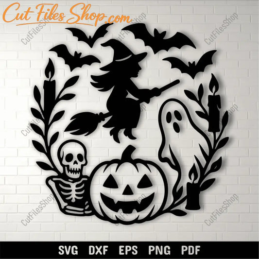 Halloween round SVG cutting file with witch, ghost, and pumpkin