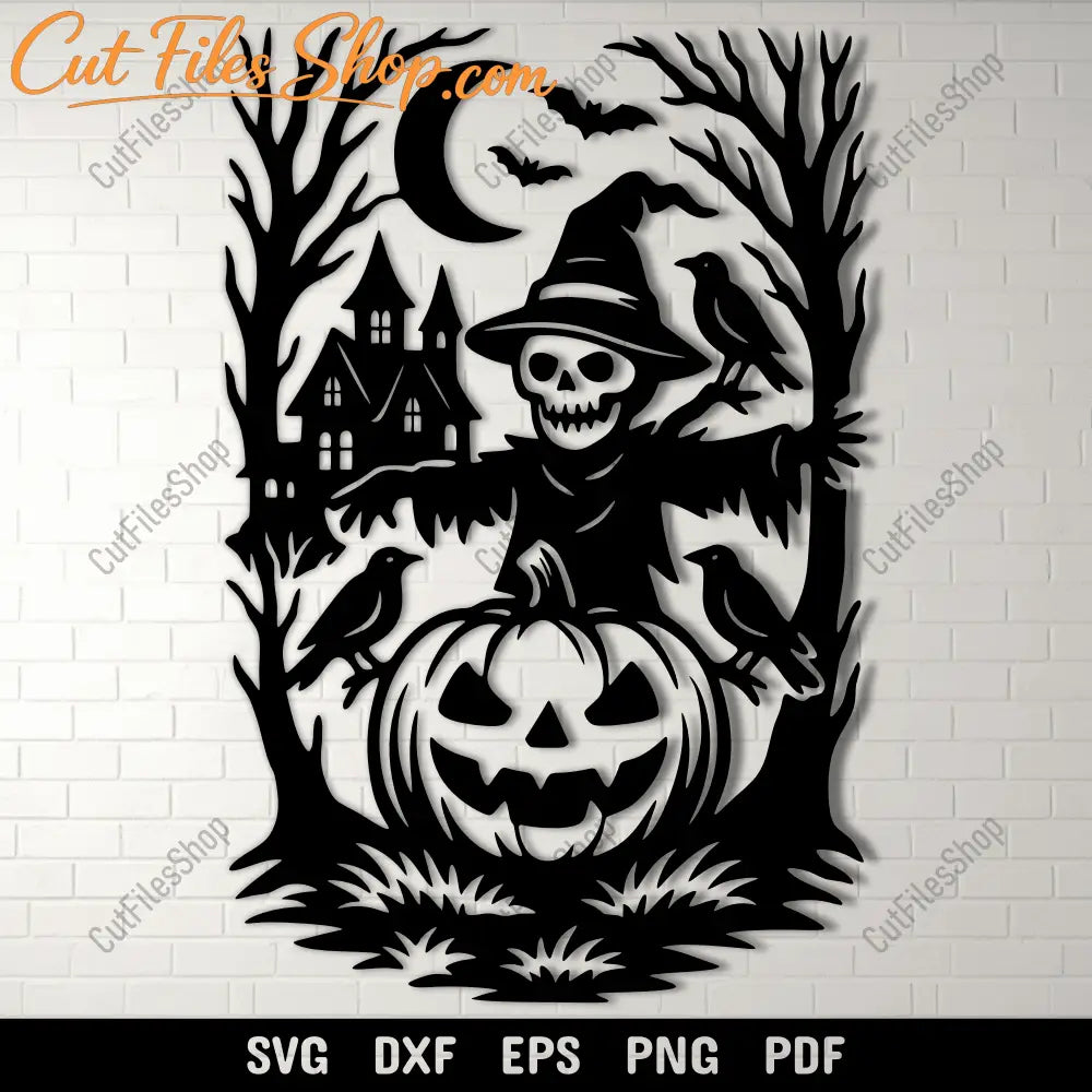 Halloween scarecrow SVG cutting file with pumpkin and haunted house