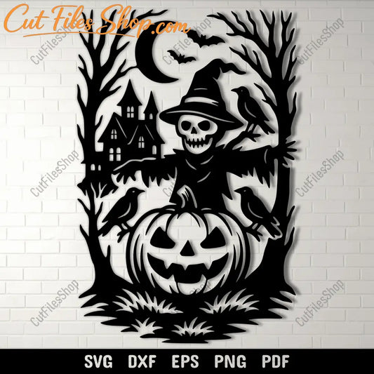 Halloween scarecrow SVG cutting file with pumpkin and haunted house