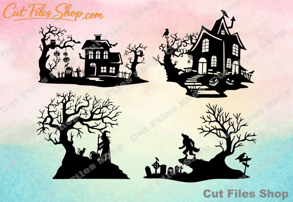 Halloween scene, Halloween clip art, cricut svg files, Halloween for laser cut, cricut files