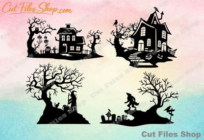 Halloween scene, Halloween clip art, cricut svg files, Halloween for laser cut, cricut files