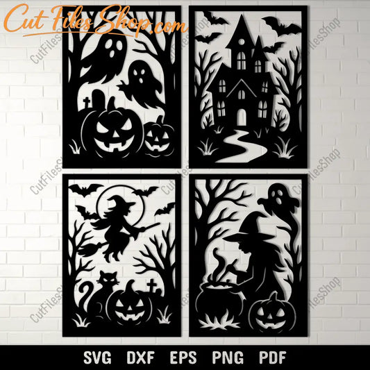 Halloween scene panels SVG DXF PNG for CNC laser cutting