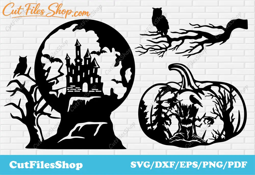 Halloween scenes dxf for laser cutting, dxf halloween for decor making, Halloween for cricut, haunted castle halloween, halloween owl, png happy halloween, party halloween svg, halloween decor dxf for home, halloween stickers, clip art halloween, dxf for halloween, scary tree svg